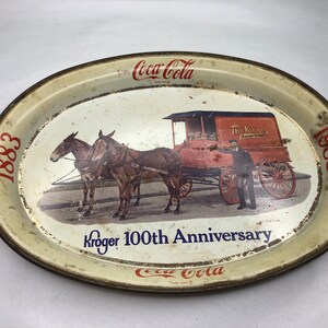 Vintage Coca Cola Kroger 100 th anniversary Tin Tray with gorgeous Horse pulling Wagon scene