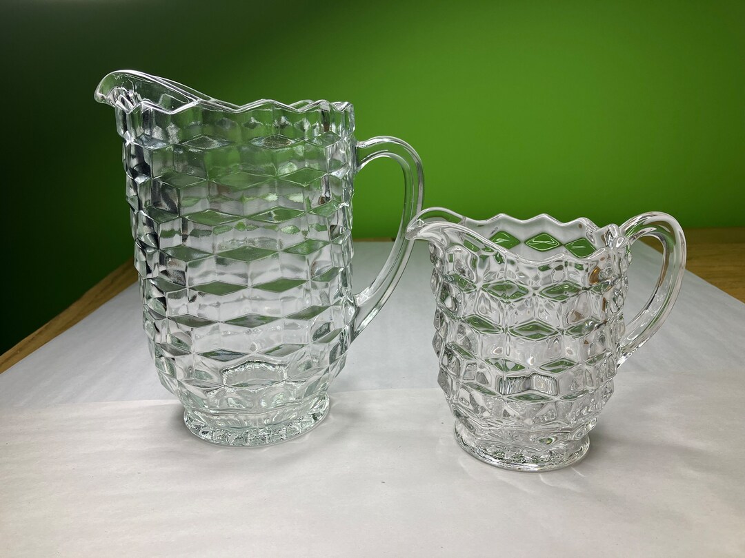 Vintage Fostoria Cubed Cut Glass Pitcher Collection of 2 With Gorgeous ...