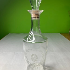Vintage Clear Glass Decanter with Etched Roses and Laurel Wreath and Bow Corked Stopper