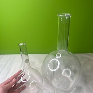 Pode incluir: Dois balões de laboratório de vidro transparente. Um tem fundo redondo e gargalo longo e estreito. O outro é menor, com fundo redondo e gargalo ligeiramente inclinado. Ambos os balões estão vazios, em fundo verde.