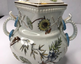 Vintage Sampson and Bridgwoods sugar box with floral design ring broken off lid as pictured
