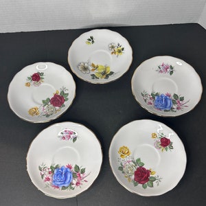 Vintage set med 5 blandade 5,5" Royal Vale gulblå rödros porslin Ridgeway Potteries tefat