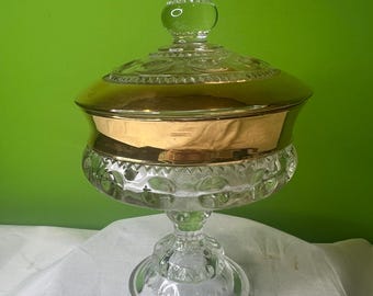 Vintage Clear Glass Gold Band Thumbprint Pedestal Dish