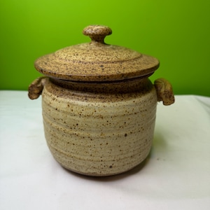May include: A ceramic jar with a lid, featuring a speckled beige and brown glaze. The jar has a rounded body with small handles on either side and a knob on the lid. The background is a solid green.