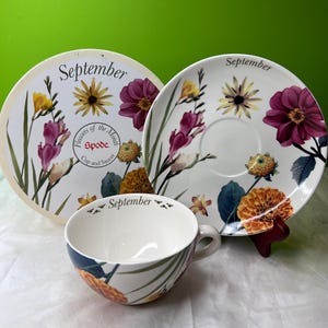 May include: A white ceramic cup and saucer set with a matching plate. The set is decorated with floral designs in shades of purple, yellow, and orange. The word "September" is printed on each piece. The set is from the "Flowers of the Month" collection.