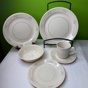May include: A cream-colored dinnerware set featuring plates, a bowl, a teacup, and a saucer. The set has a delicate floral and dotted pattern in pink and green. The plates are displayed on a black metal rack.