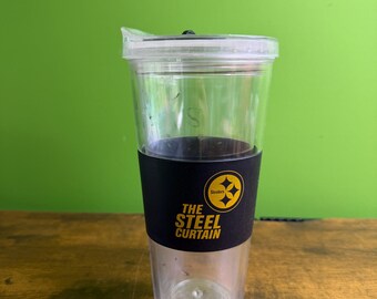 22 oz Pittsburgh Steelers "Steel Curtain" tumbler featuring a removable black silicone grip sleeve ~ Used!