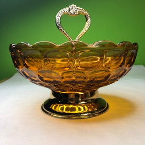 Vintage Amber Glass Compote Centerpiece with Beautiful Varied Thumbprint Design and lovely Gold metal handle