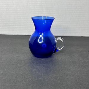 Vintage Cobalt Blue Clear Handle Glass Hand Blown Mini Creamer Pitcher