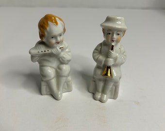 Vintage Kind Musiker Klarinette und Flöte Porzellan besetzten Japan Figuren