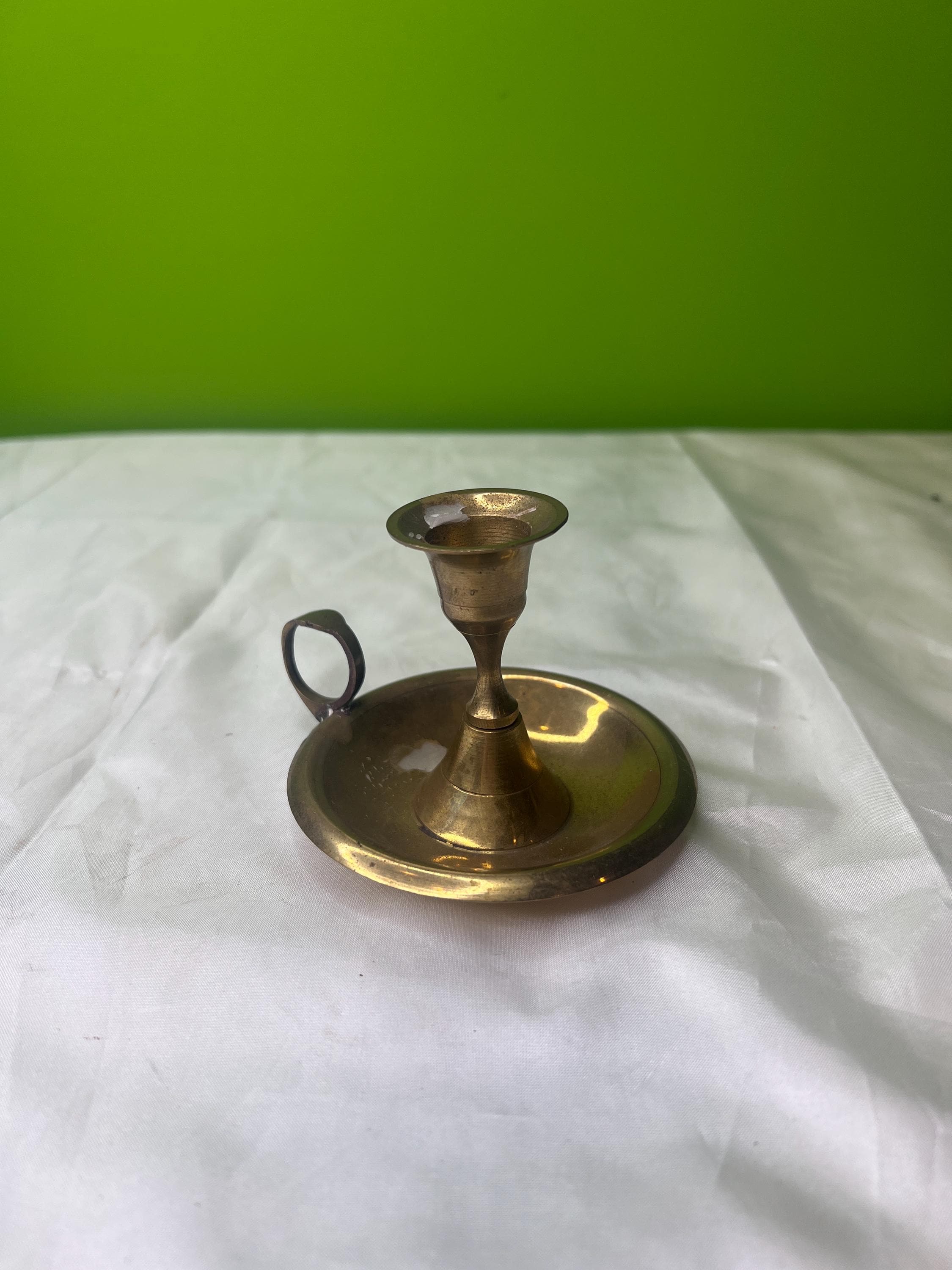 Vintage Brass Candlestick Holder with Round Base and Handle