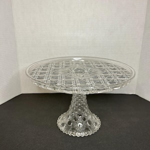 Vintage Crystal Glass Bryce Bros Large Pedestal Diamond Woven Cake Serving Tray/Platter