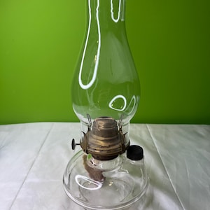 Vintage ABCO # 2 Clear Glass Oil Lamp with Clear Glass Chimney Shade, Wick, and Brass Burner