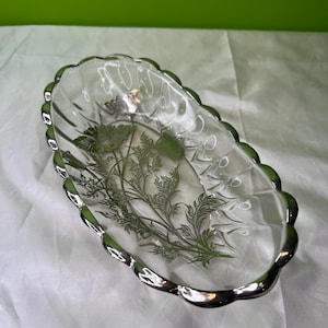 Vintage Glass Reverse Painting Flanders Poppy Pattern Sterling Silver Overlay Relish Pickle Candy Dish
