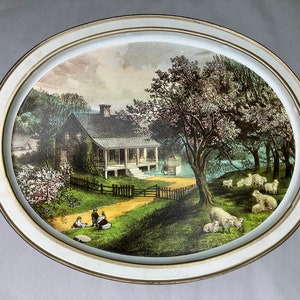 Vintage Currier and Ives Tin The American Homestead Autumn Dual sides Beautifully done