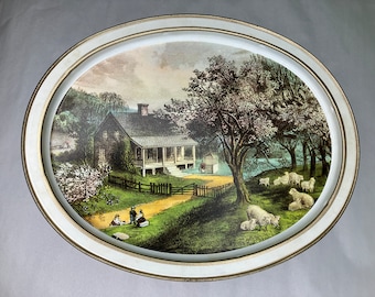 Vintage Currier e Ives Tin The American Homestead Autunno Doppi lati Splendidamente fatto