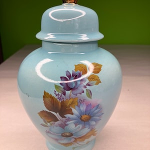 Vintage Robin Egg Blue Ceramic Ginger Jar with Gorgeous gold accents and lovely flowers