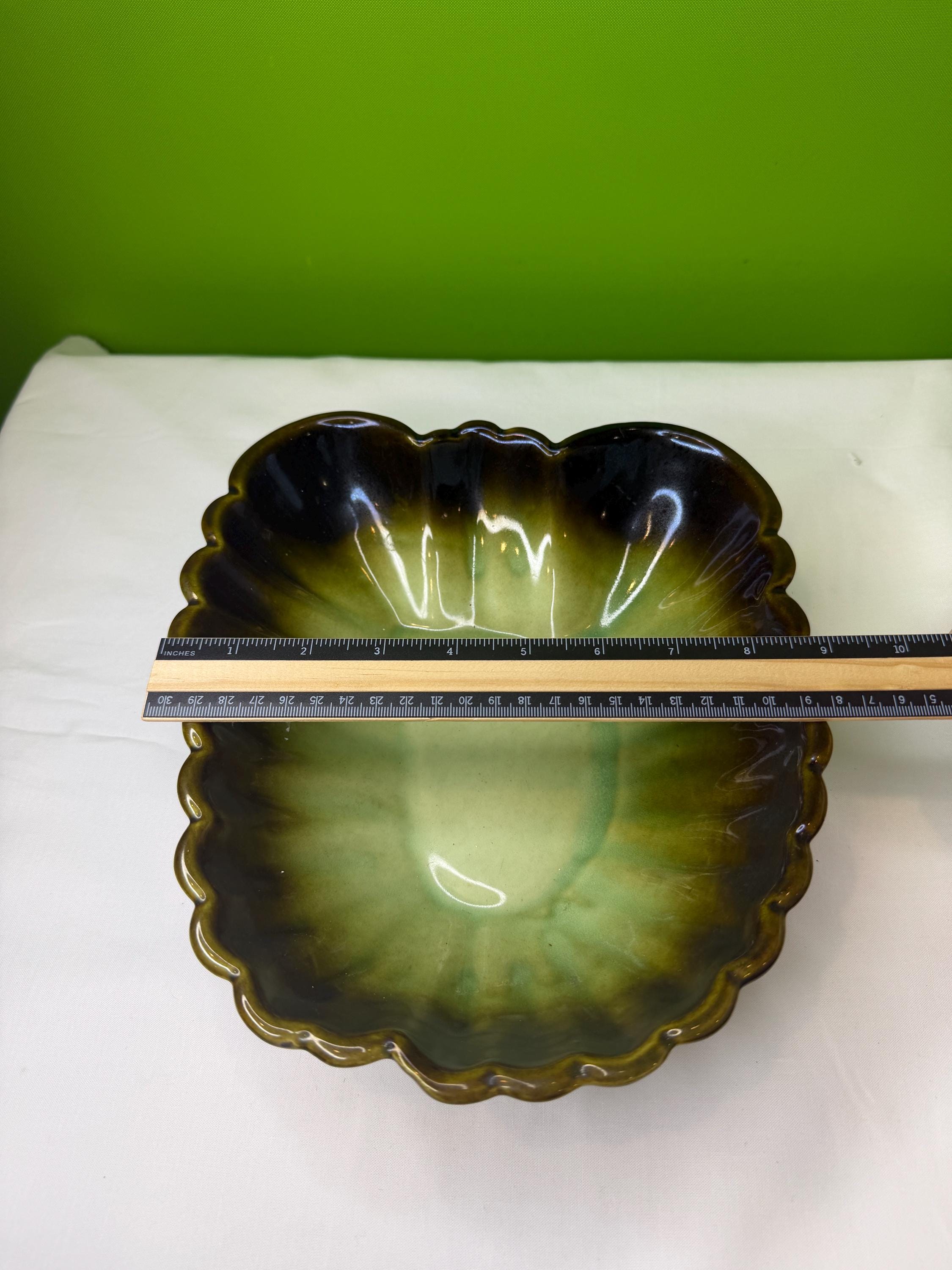 Vintage Mid-century HULL Art Pottery USA Green Ombre Scalloped