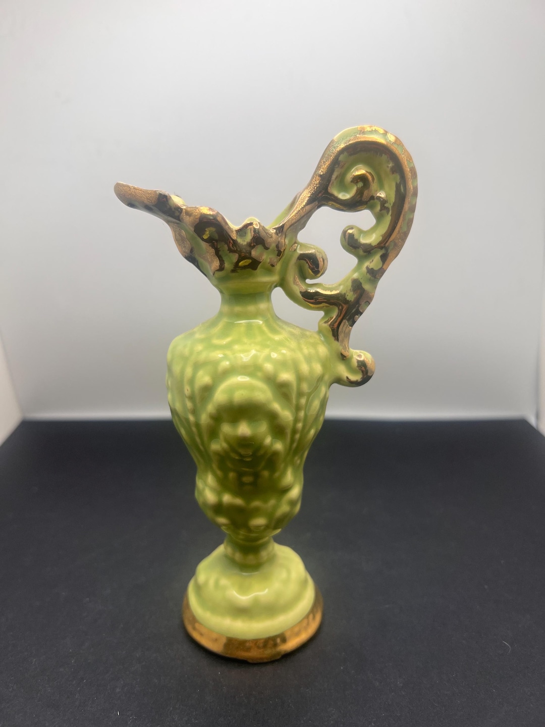 Vintage Porcelain Hand Painted Green Mini Pitcher Shaped Bud Vase With ...