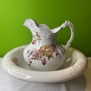 Vintage Heavy Empire Trenton June Rose Ceramic White Pitcher and
