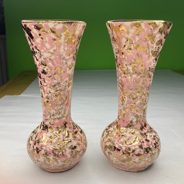 Vintage Shafer Fine Ceramic vase set 28k Gold and Beautiful dusty pink and cream Stunning