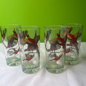 Vintage Mid Century Hazel Atlas Red and Gold Pheasant Tumblers/ Set of 4 Embossed Tumbler Drinking Glasses, Retro Barware, Bird Glassware