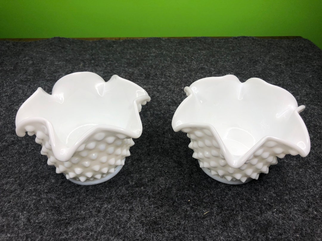 Vintage Fenton Hobnail White Milk Glass Vases With Ruffled Opening and ...