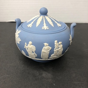 Vintage Wedgwood Blue Jasperware Sugar Bowl with Lid made in England
