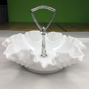 Vintage Fenton Hobnail Milk Glass Handled and Ruffle edged Candy Dish with beautiful shaped and coloring