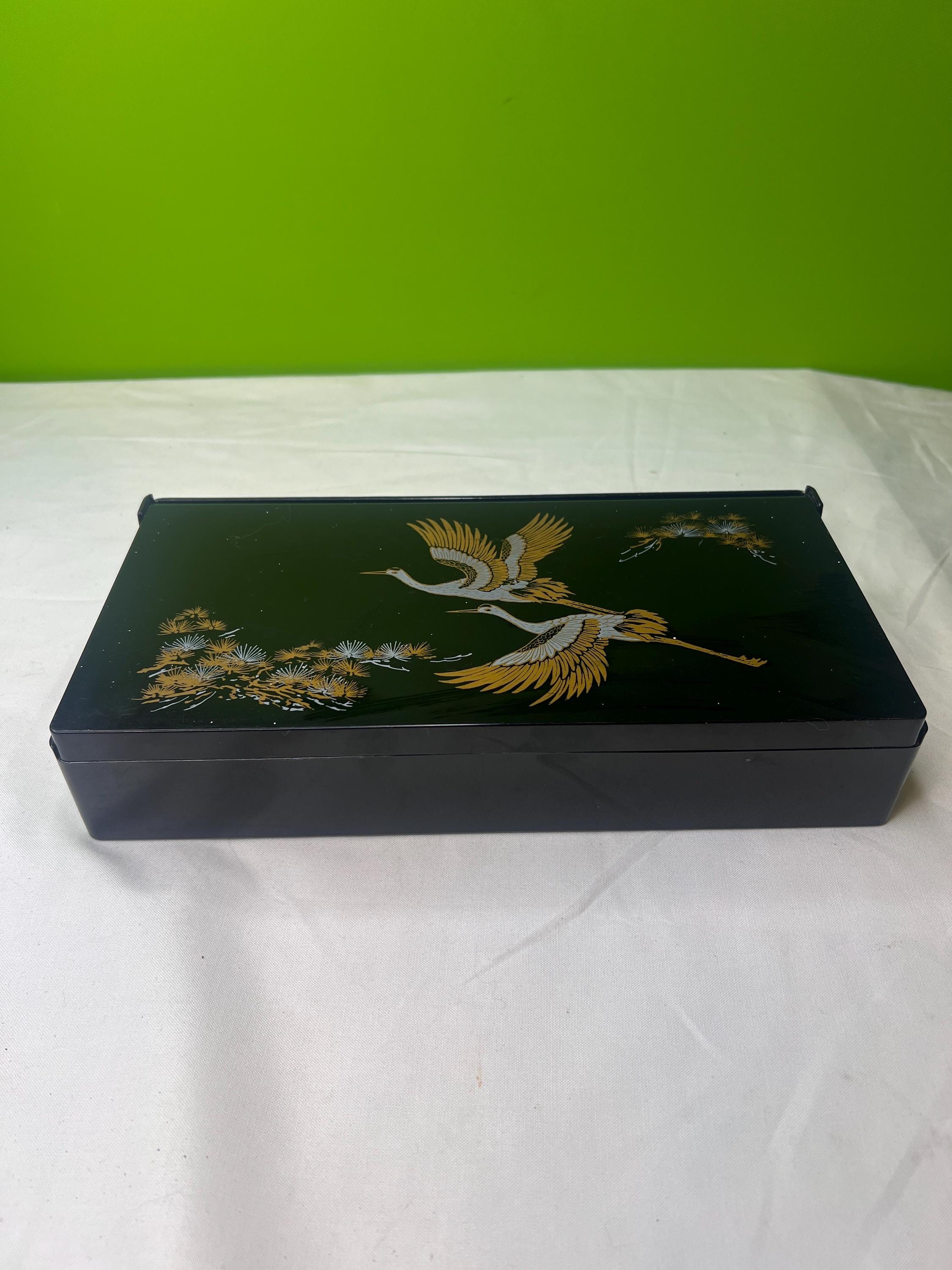 Vintage Celluloid or Acrylic Black Crane Bird Asian Design Mirror