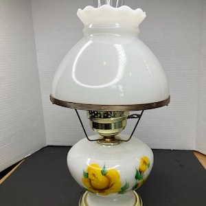Vintage Gone with the Wind Glass Hurricane Lamp Milk Glass Yellow Flowers 16”
