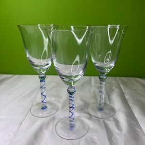 Vintage Set of 3 Glass Cobalt Blue Swirl Stem Stemmed Wine Glasses Goblets ~ Clear Glass Cobalt Blue Free Form Swirl Stems Blown Art Glass