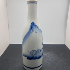 Vintage Retro Japanese Sake Cup/ Vase with Blue Hand Painted Design