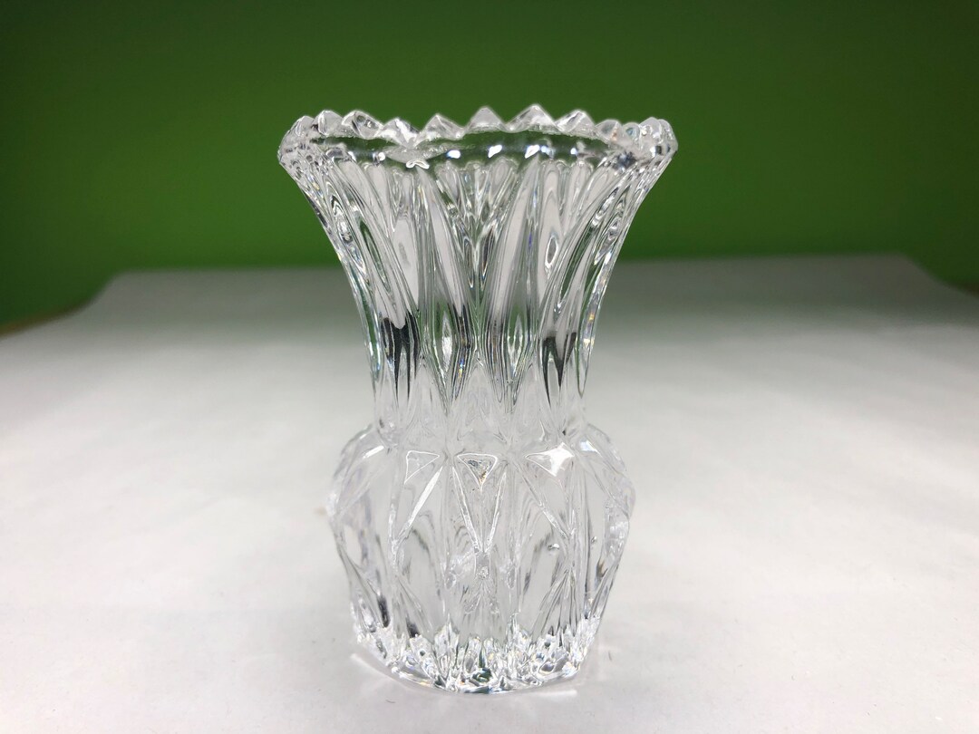 Vintage Heavy Clear Cut Glass Vase With Sparkling Design and