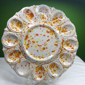 Vintage Splatter ware Ceramic Egg Dish Sponge glaze Gorgeous and Handmade and Painted beautiful glazing and gorgeous orange and yellow