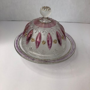 Vintage red Ruby flash and gold coved serving dish ornate in nature some wear on flashing and small crack on lid as noted in picture