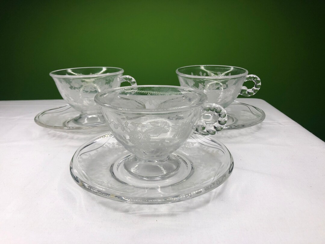 Vintage Heavy Clear Glass Tea Cup and Saucer With White Rose