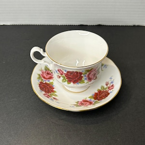 Vintage Queen Anne England Bone China Blue Red Pink Rose Tea Cup and Saucer