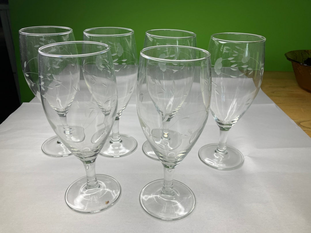 Vintage Clear Etched Large Wine Glasses With Design Etsy
