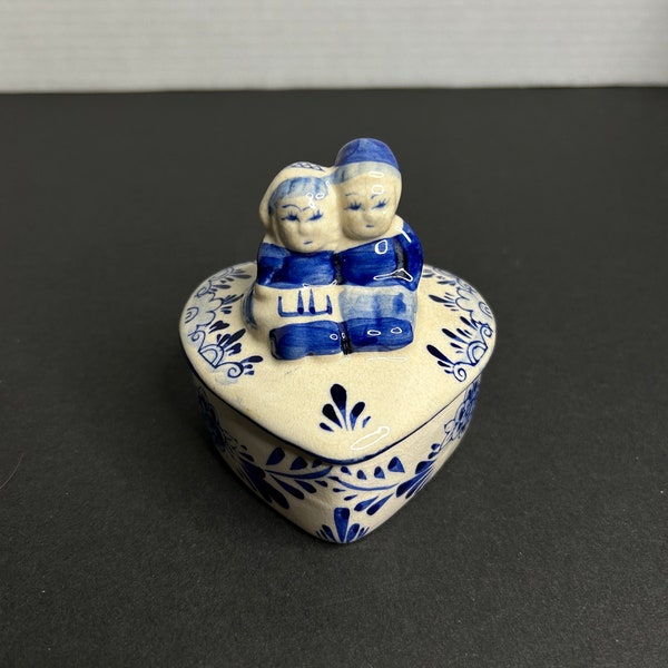 Vintage Blue Porcelain Dutch Couple Heart Shaped Jewelry Box