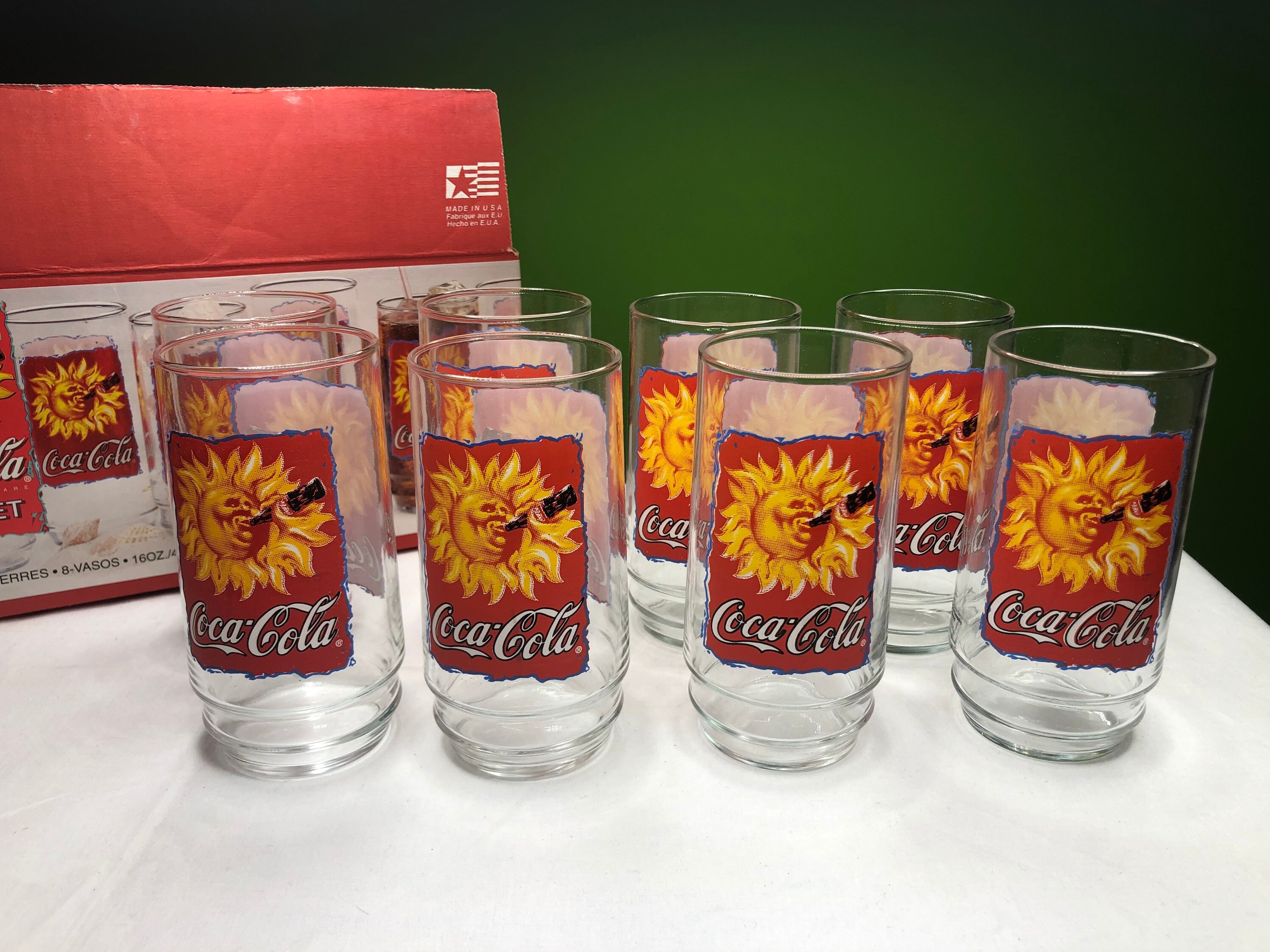 Set of 8 Coca Cola Green Bubble Glass Drinking Glasses 16 oz