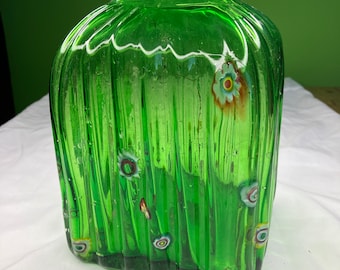 Vintage milliefoire murano style glass vase emerald green paneled, for indoor or outdoor hand painted floral accents