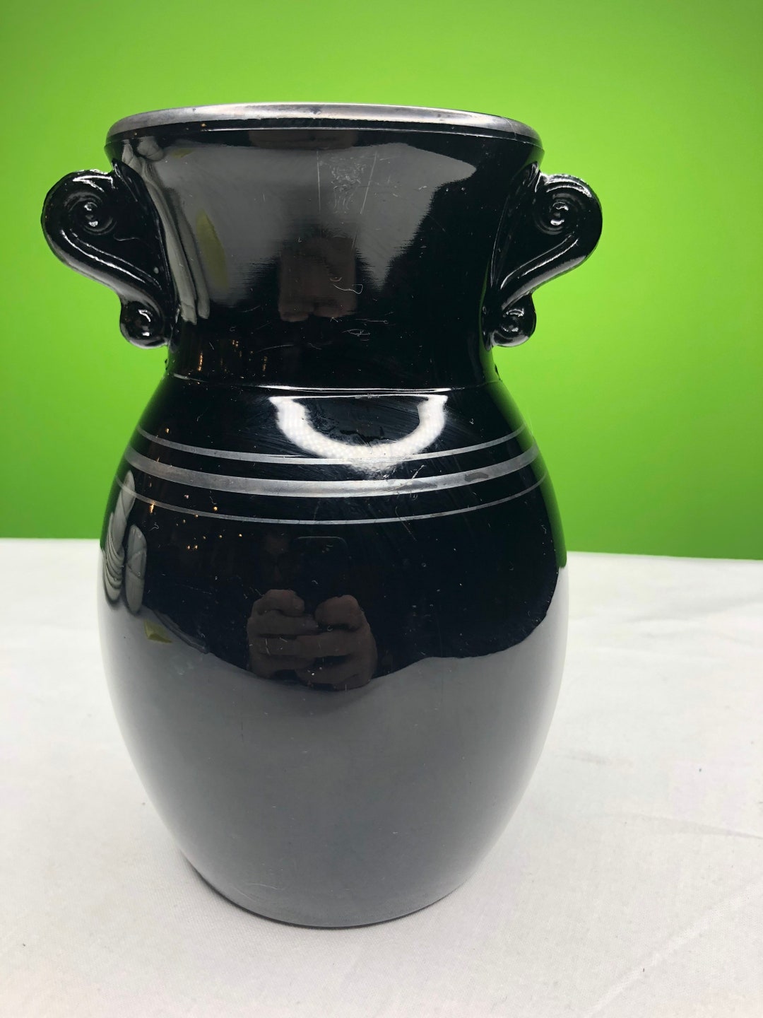 Vintage Black Milk Glass Vase With Shape and Beautiful Etching