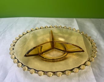 Vintage Amber Glass Divided Dish Candlewick Edge Relish Candy Serving Dish MCM