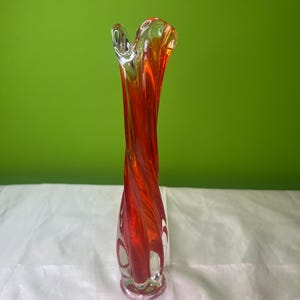 Vintage Glass Swung Vase, Viking Glass Style Three Finger Vase, Midcentury Modern Stretch Vase, Orange Swung Vase, Orange Twist Pulled Vase