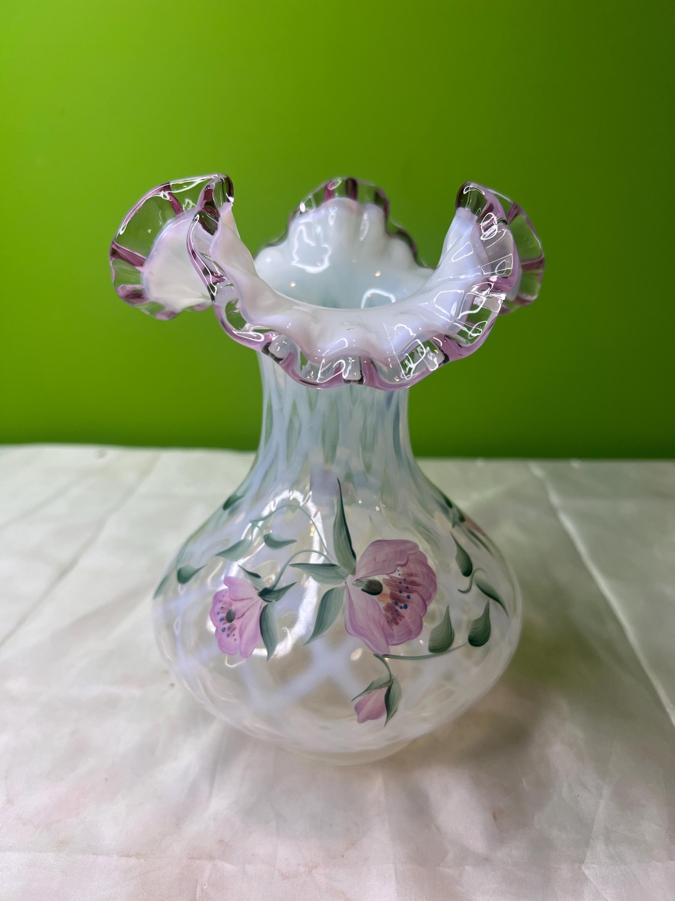 Vintage Fenton Diamond Optic French Opalescent Hand Painted Floral