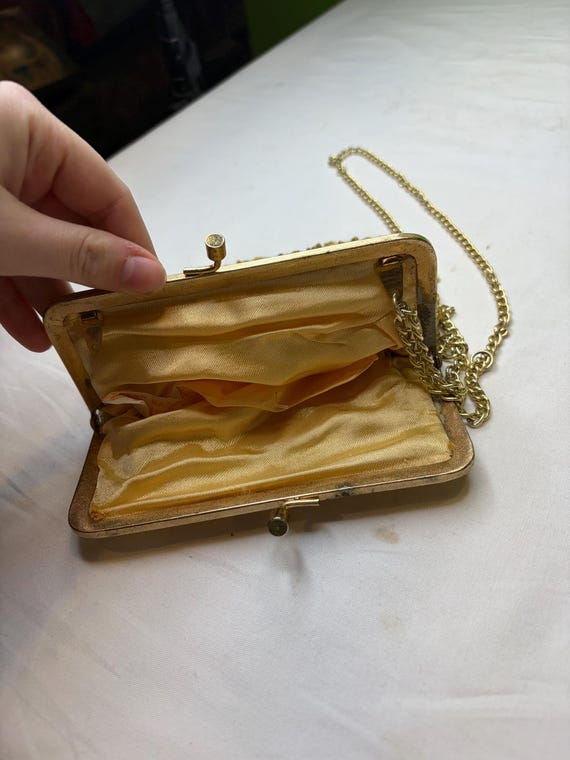 vintage Walborg gold beaded clutch purse, often featuring intricate needlepoint designs and a kiss lock closure. View 5