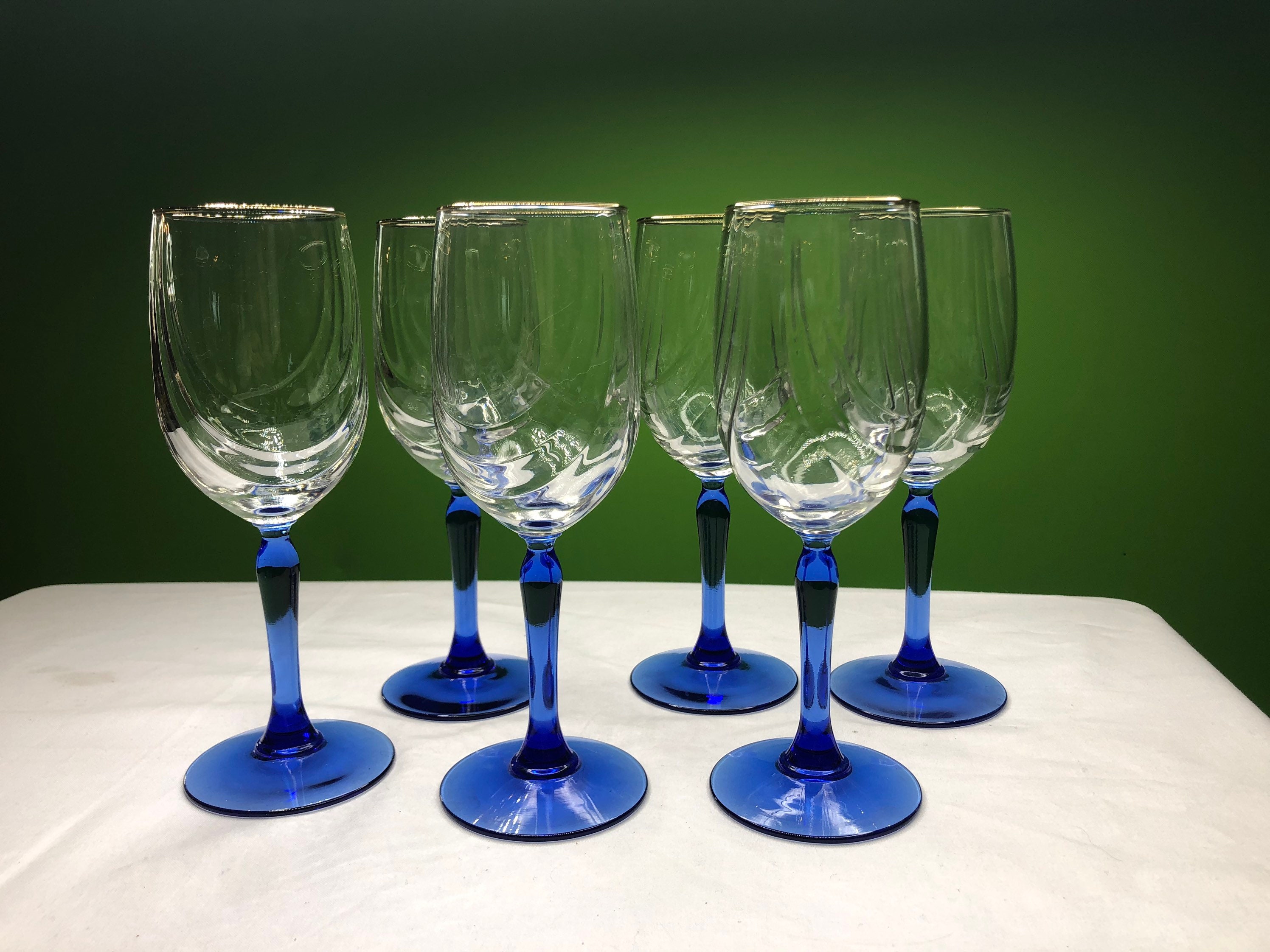 Lot de 6 verres à pied vintage avec base bleue cobalt, verres à vin