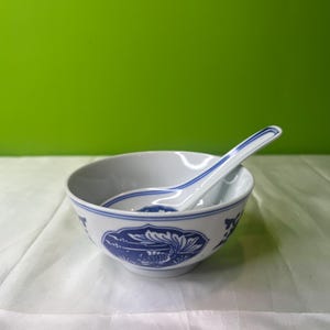 Vintage Blue and White Chinese Porcelain Koi Fish Soup Bowl with Spoon