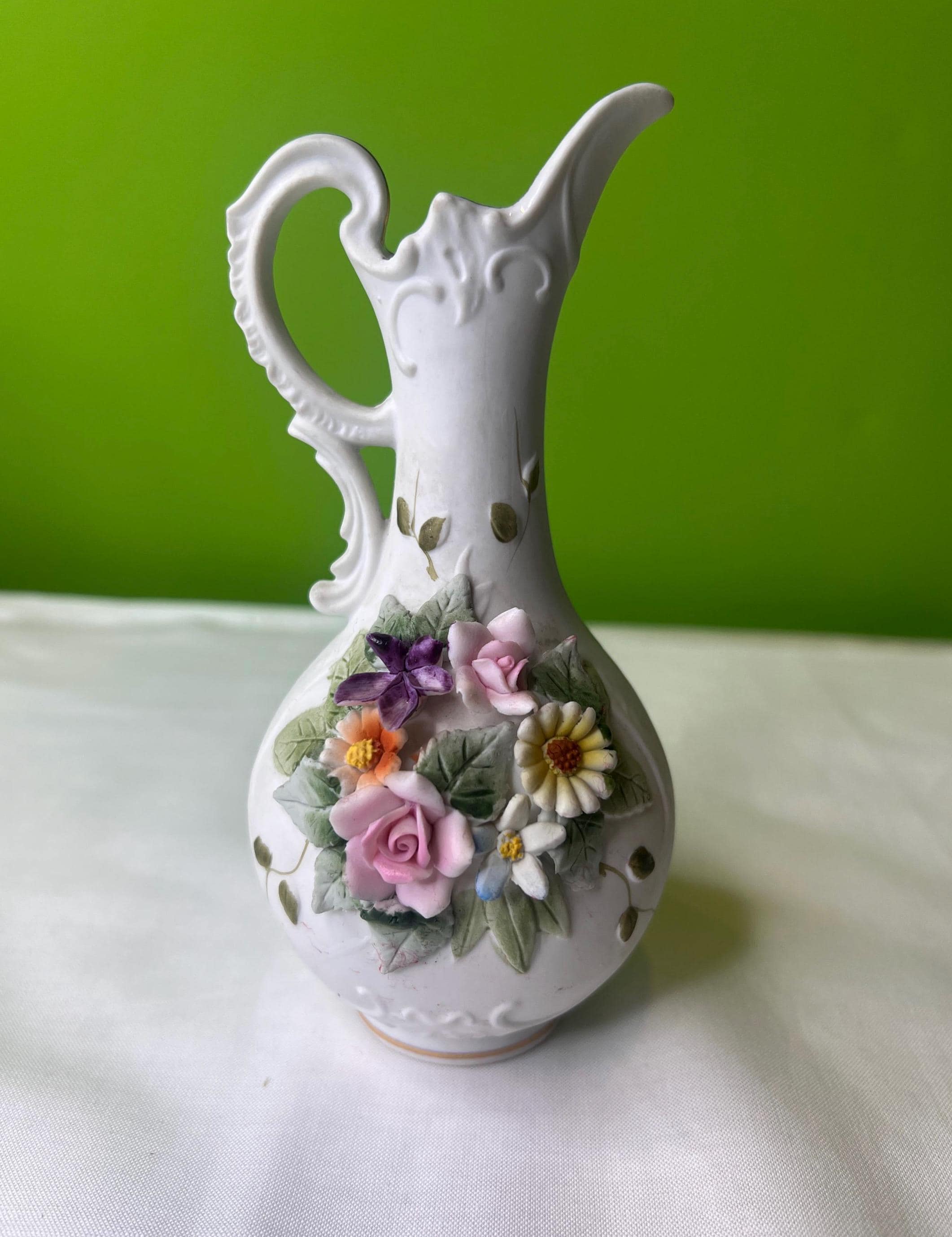 Vintage Lefton China Hand Painted Small Pitcher Vase W Attached